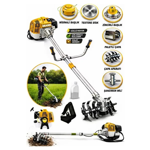 Dragro Alman 20 Hp Yan Tipi Benzinli Motorlu Ot Çalı Tırpanı Çim Biçme Makinesi Tirpan Çapa Aparatli