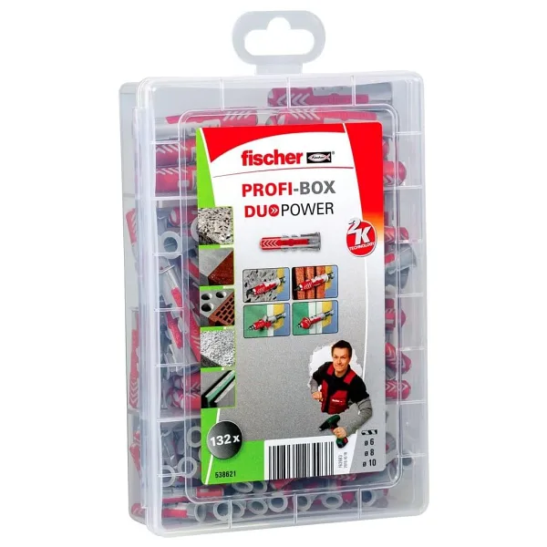 fischer PROFI-BOX DUOPOWER, 132 dübelli dübel kutusu (60 adet 6 x 30, 60 adet 8 x 40, 12 adet 10 x 50), evrensel dübel, pratik set, amatör ve profesyoneller için dübel kutusu, vidasız