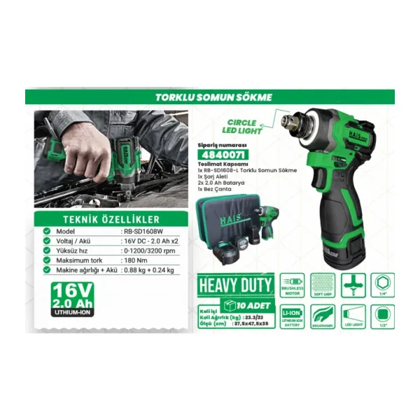 Hais Pro RB-SD1608W 16 V Çift Akülü 2 Ah Somun Sıkma Makinesi