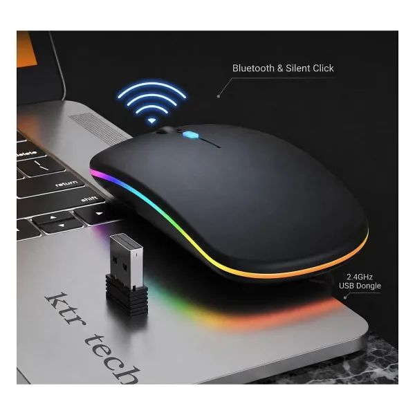 KTR TECH Şarjlı Kablosuz Sessiz Mouse Rgb Led Işıklı Ultra Slim Usb 2.4ghz Siyah Ledli 800/1200/1600dpi