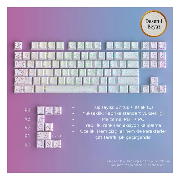 Leaven Mekanik Klavye Kontur Keycaps Seti- 97 Tuş Şeffaf Rgb Uyumlu Çizgili Tuş Takımı - Desenli/Beyaz