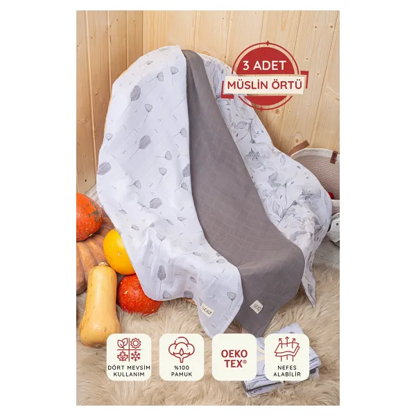 Luckka Dijital Baskılı 3'lü Müslin Örtü Seti - 75x75 cm - ZT5000