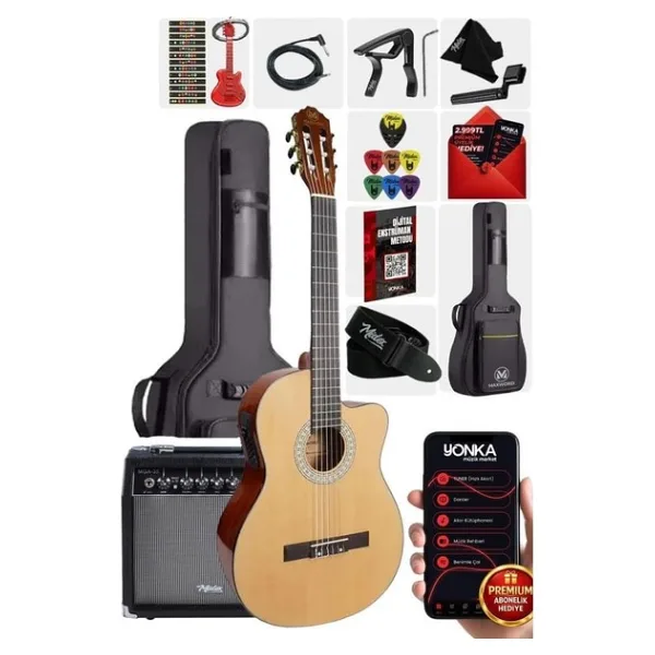 Maxword X50-EQ-AMP Profesyonel Masif Ağaç Amfili Elektro Klasik Gitar Seti Üst Segment
