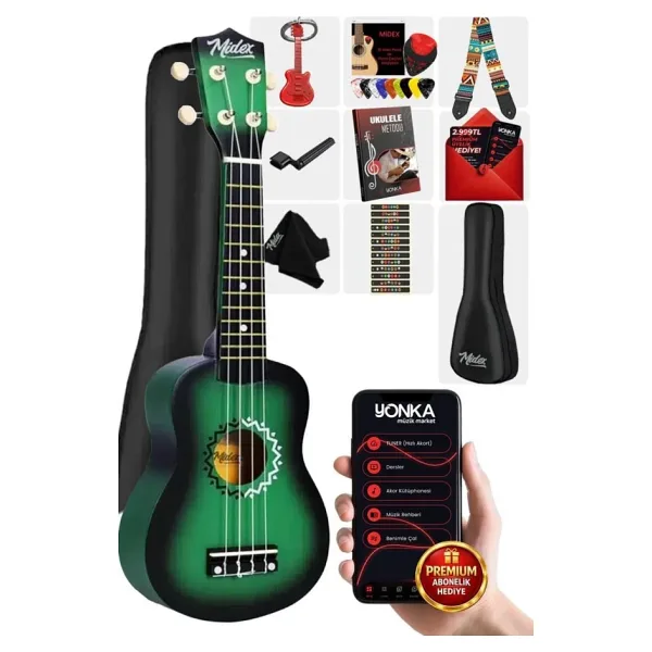 Midex UKX-500GR Sunburs Efektli Maun Soprano Ukulele Full Set - Yeşil