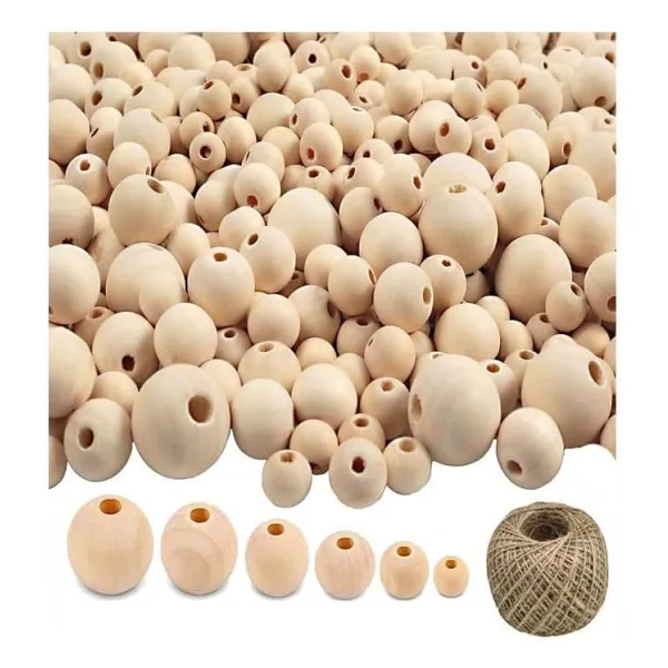 Naturel Ahşap Boncuk 300 Lü 1 Paket Jüt İpi Ham Boyanabilir Ahşap Yuvarlak Doğal Boncuklar Takı Tasarım Ektinlik Kreş