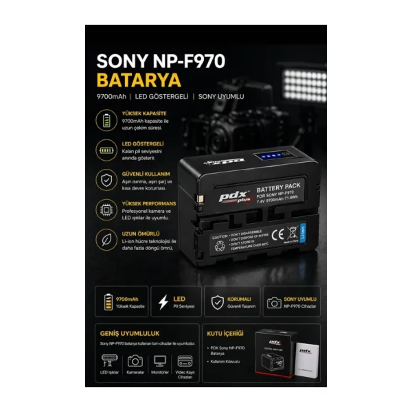 PDX Sony NP-F970 Batarya 9700mAh LED Göstergeli