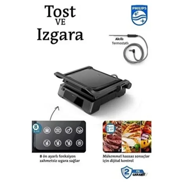 Philips 7000 Serisi Izgara ve Döküm Plakalı Tost Makinesi Mükemmel Hassas Ayarlar için Dijital kontrol