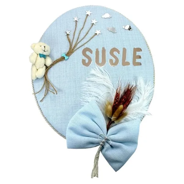SüSLe Bebek ve Parti Kuru Çiçek Tanzimli, Ayıcıklı, Isimli Oval Kapı Süsü, Mavi