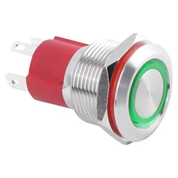 WD19D-P1Z-E 19mm Düz Anahtarlı Işıklı Metal Buton - Yeşil