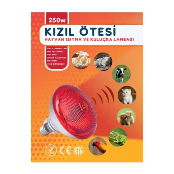 250w Kızılötesi (infrared) Isıtıcılı Hayvan Isıtma Ve Kuluçka Lambası (kırmızı Işık) E27 (kalın Duy)