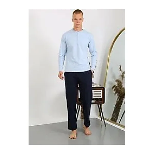 Akbeniz Erkek Penye Uzun Kol Pijama Takımı 6860 Buz Mavisi