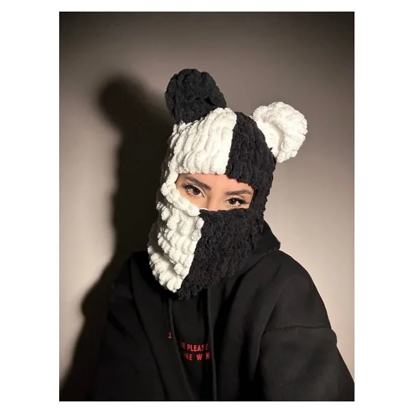 ALARA REYHAN Ayıcık Kulaklı Siyah Beyaz Balaklava Bjk Panda Bere Balaclava Peluş Örgü Hediyelik Beşiktaş
