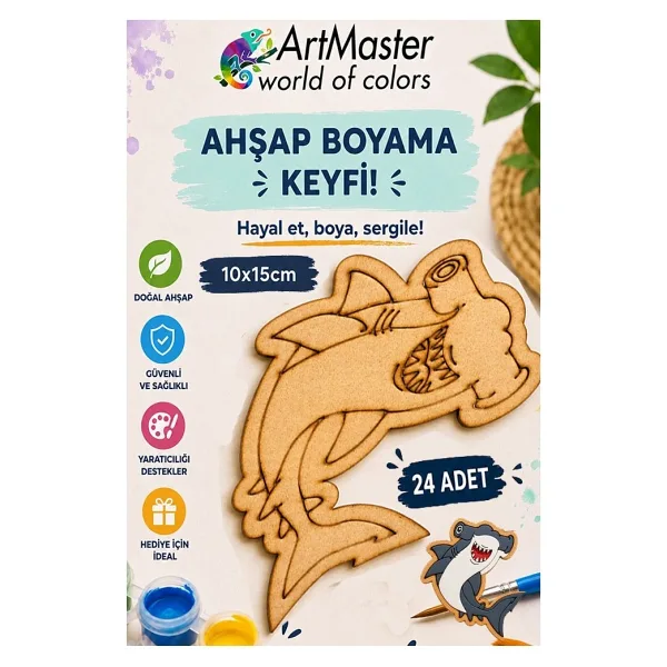 ArtMaster Ahşap Boyama Köpek Balığı 24 Adet 10x15cm Boyama Deniz Figürü Etkinlik Çoçuk Gelişim Motor Beceri Kreş Anasınıfı Çok Renkli