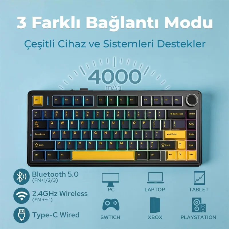 Aula F75 Max Mekanik RGB Tkl Reaper Switch Kablosuz Makrolu Hot Swap Klavye Desenli Siyah - Görsel 2