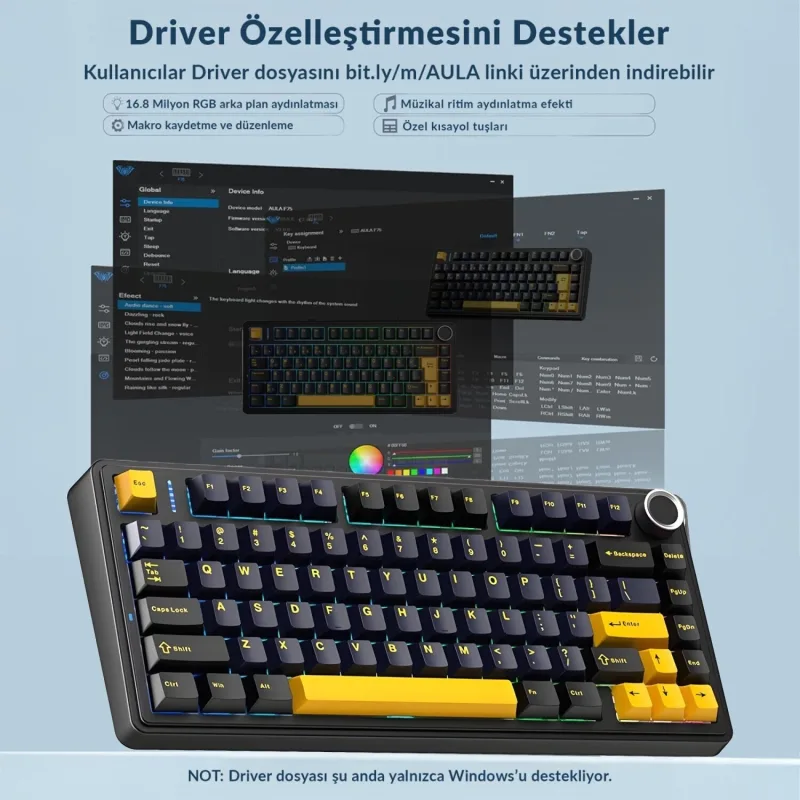 Aula F75 Max Mekanik RGB Tkl Reaper Switch Kablosuz Makrolu Hot Swap Klavye Desenli Siyah - Görsel 4