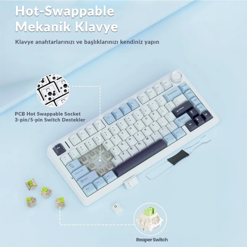 Aula F75 Max Mekanik RGB Tkl Reaper Switch Kablosuz Makrolu Hot Swap Klavye Desenli Siyah - Görsel 5