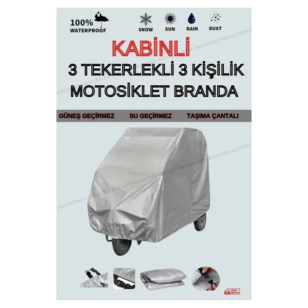 Autoen Gri Kabinli 3 Tekerlekli 3 Kişilik Motosiklet Brandası (4 Mevsim )