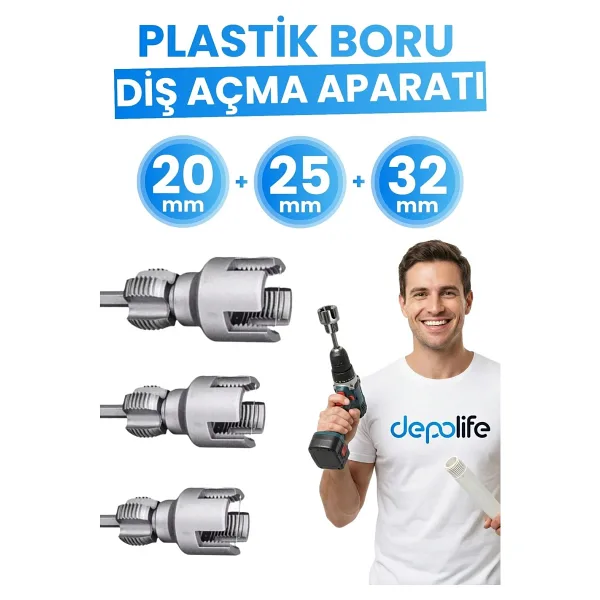 Depolife 3' Lü Set 1/2 3/4 1 Inç Iç Dış Plastik Boru Diş Açma Seti Pvc Pafta Klavuz 20MM 25MM 32MM Pprc