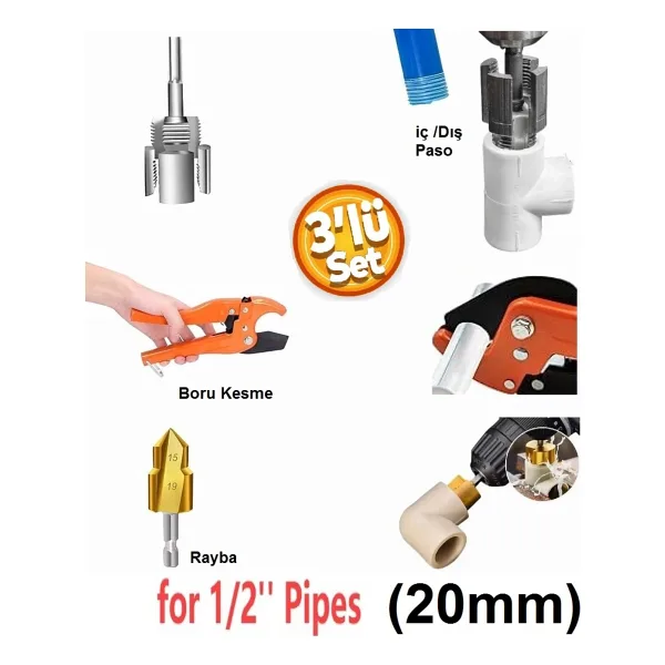 Depolife PVC PPRC Boru Kesme Makası İç ve Dış Diş Açma Aparatı 1/2" (20mm) Yiv Paso Açma Anahtarı Rayba Pafta