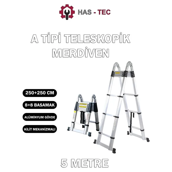 Has-Tec 8+8 Basamaklı Çift Taraflı A Tipi Uzayan Teleskopik Merdiven 5 M