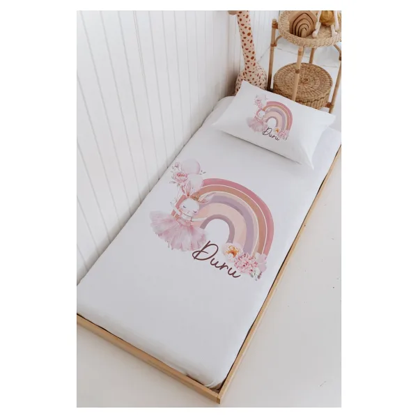 Lilabio Isme Özel %100 Pamuk Bebek ve Çocuk Tek Kişilik 165 x 225 cm Pike Takımı-Tavşan Gökkuşağı