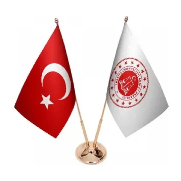 Satürn Design Masaüstü Adalet Bakanlığı Bayrağı Türk Bayrağı İkili Pirinç Direk Masa Bayrak Seti