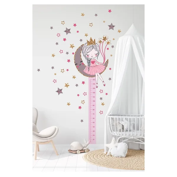 Sim Tasarım Ayda Oturan Sevimli Kız Çocuğu Boy Ölçer Duvar Sticker