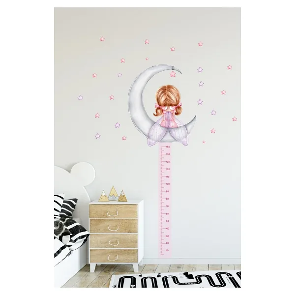 Sim Tasarım Pembe Ayda Oturan Peri Kızı Boy Ölçer Duvar Sticker Seti - Sim740