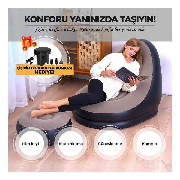 Şişme Koltuk ve Ayak Uzatma Pufu - Ev, Kamp, Ofis Kullanımı İçin, Pompa Hediyeli, Taşınabilir