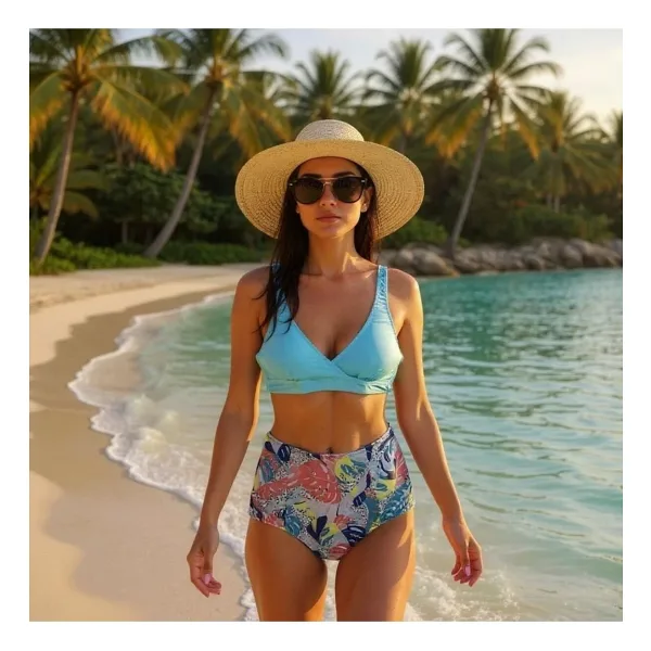 TooHot Kadın Buz Mavisi Yüksek Bel Askılı Üçgen Bikini Takımı
