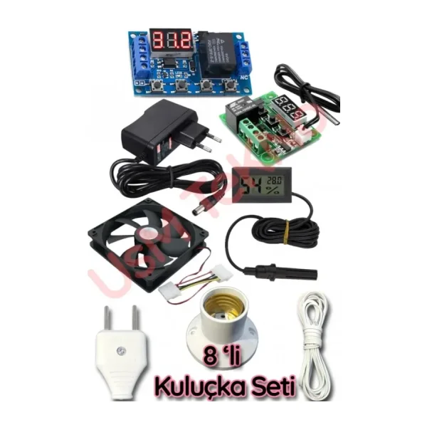 8 Li Set Kuluçka makinesi Termostadı,Zaman Modülü ,Kuluçka Fanı, Kuluçka Nem Ölçer, Adaptör