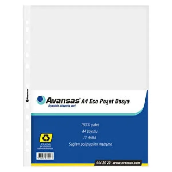 Avansas A4 Eco Delikli Şeffaf Poşet Dosya 100'lü Paket