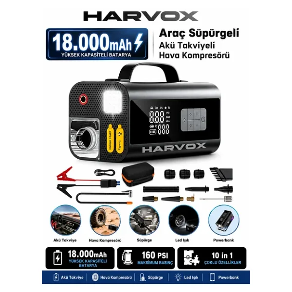 BAGAJON Harvox Süpürgeli Jump Starter Akü Takviye Cihazı 18.000mah 10 In 1 Powerbank, Hava Kompresörü, Lcd Ekran,