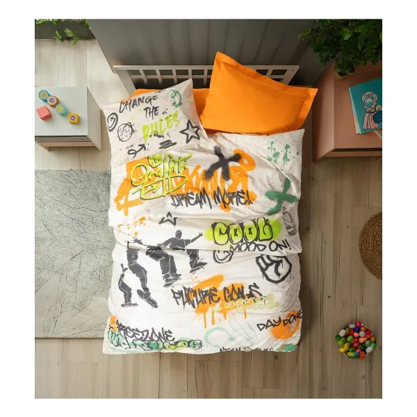 Cotton Box Graffiti Oranj Lastikli Çarşaflı Tek Kişilik Nevresim Takımı