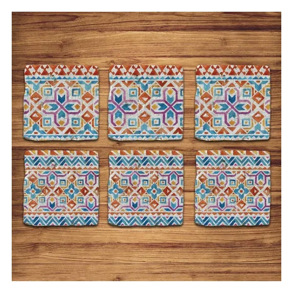 Doğal Taş Bardak Altlığı 6'lı Telli Model D (Boho Tema)
