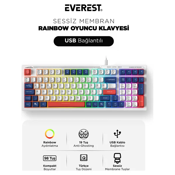 Everest Silent KB-98 Beyaz-Mavi-Kırmızı Membrane Switch Kablolu Oyuncu Klavyesi