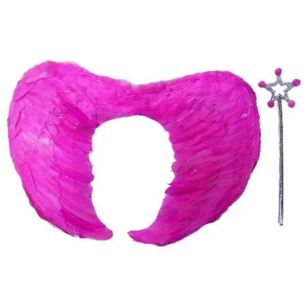 Gerçek Tüylü Katlanabilir Çocuk Pembe Melek Kanadı ve Asa Seti 40x55 cm (5264)