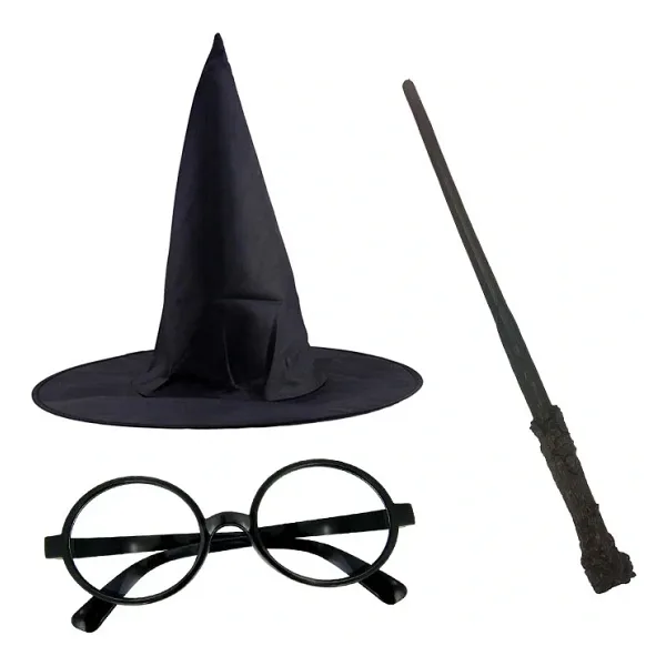 Harry Potter Siyah Şapkası Harry Potter Gözlüğü Harry Potter Asası 3 Lü Set