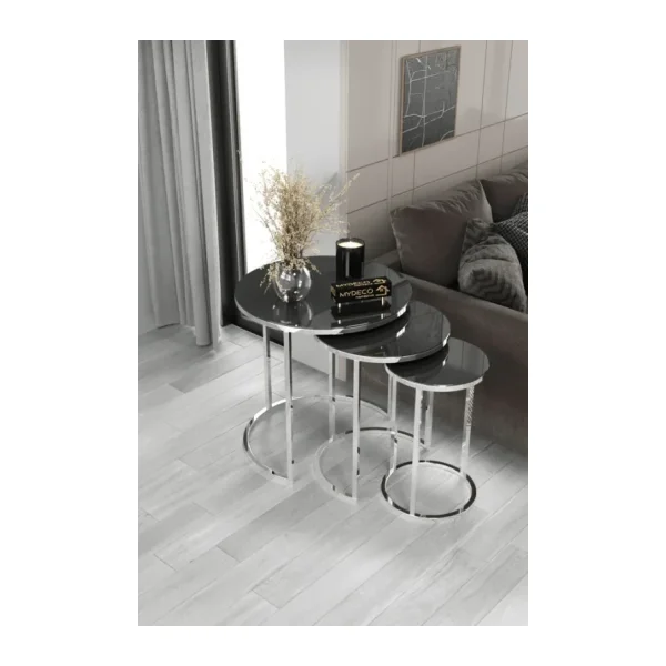 home plus mobilya 3'lü Gümüş Ayak Füme Ayna & Bohem Sehpa & Zigon Sehpa & Orta Sehpa & Modern Sehpa Takımı