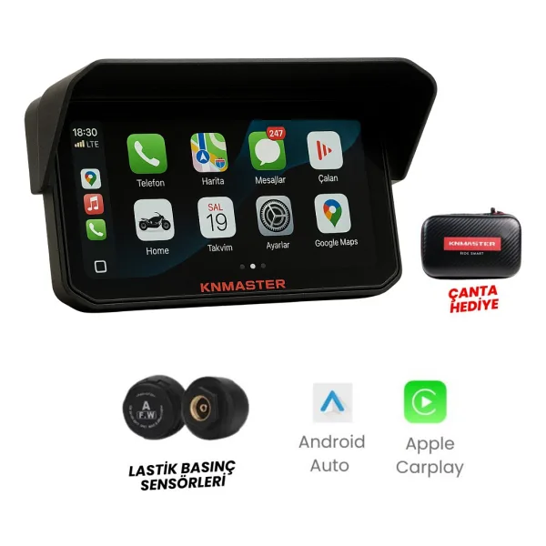 KNMASTER MOTOPLAY 1500 - 6.25'' TPMS Sensörlü Kablosuz CarPlay & Android Auto Destekli Motosiklet Multimedya Ekranı