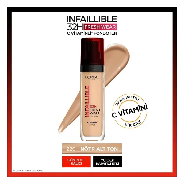 L'Oreal Paris Infaillible 32H Fresh Wear C Vitaminli 220 Sand 30 ml Likit Fondöten