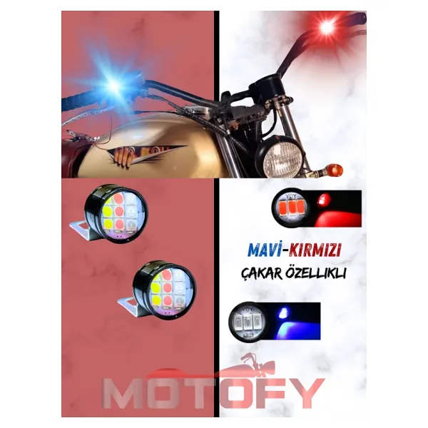 Mercekli Mavi Kırmızı Beyaz Ayna Montajlı Motosiklet Ultra Güçlü Gündüz Ledi - Power Led (2 Adet)