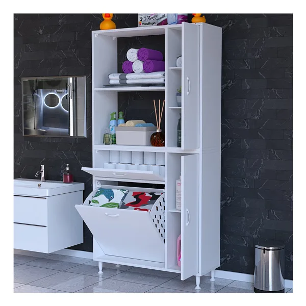 Modilayn Mis Urla Yenice Kirli Çamaşır Sepetli Dolap Çok Amaçlı Dolap Banyo Dolabı 90 x 183 x 32 cm