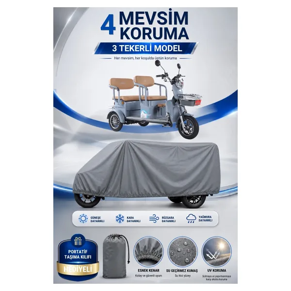 Motobros Motosiklet Brandası ARORA MINI FELIX 3 Tekerlekli Elektrikli Araç Brandası Gri 4 Mevsim Su Geçirmez UV Korumalı