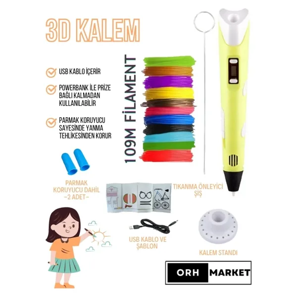 ORH Market Sarı 3d Kalem 3d Pen Yazıcı Kalem - Çok Renkli Pla Filament (TOPLAM 109M) Usb Kablo