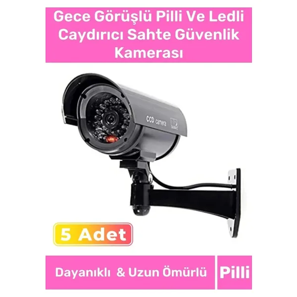 Özel Ev Apartman Bahçe İş Yeri Gece Görüşlü Pilli Ledli Caydırıcı Sahte Güvenlik Kamerası 5'li Set