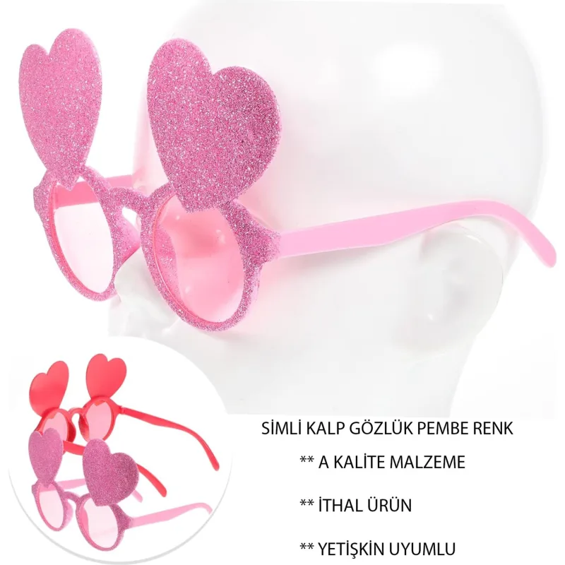 Pembe Renk Sim Işlenmiş Kalp Figürlü Parti Gözlüğü