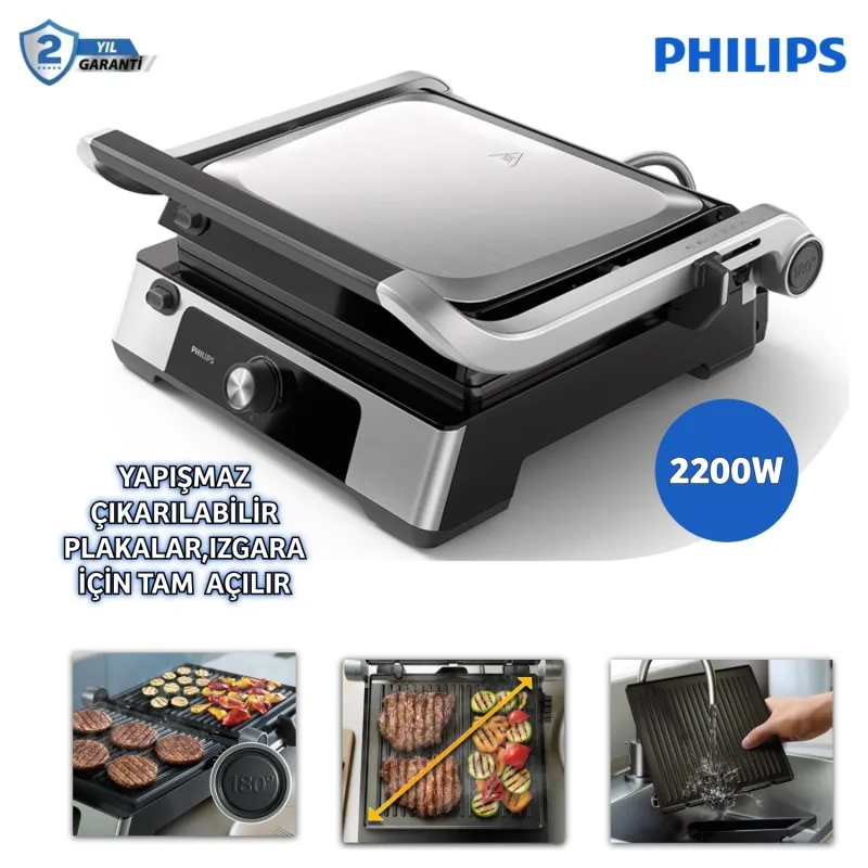 Philips 5000 Serisi, 2200 W, Çıkarılabilir Plaka, Izgara Için Tam Açılır 180 Derece Açılır Izgara, Isı Ayarlı Tost Makinesi + Onerous Tartı