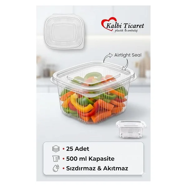 Plastik Saklama Kabı 500 Gr 25 Adet Plastik Kapaklı Kase Sızdırmaz Kap Şeffaf Kullan At Kase
