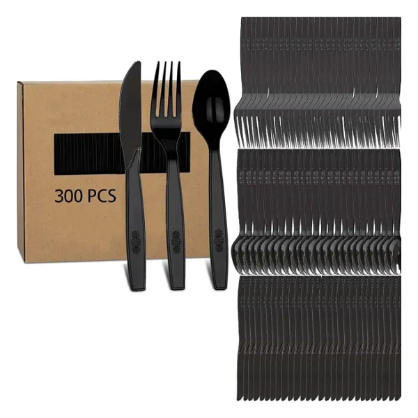 Plastik Siyah Çatal Kaşık Bıçak Seti Takımı- 100 Ad. Çatal + 100 Ad. Bıçak + 100 Ad. Kaşık - 18 Cm.